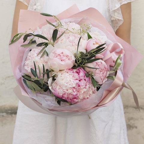 9 peonies in a bouquet «Zephyr clouds», For many, peonies are a passion. Queen of flowers. Peonies symbolize wealth, nobility and glory.