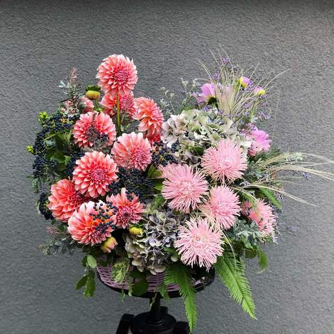 Flower basket «Dawn hoarfrost», Flowers: Stipa, Ambrella, Aster, Dahlia, Viburnum (berries), Hydrangea