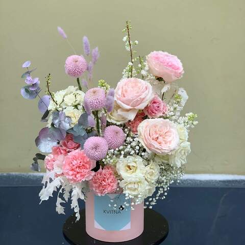 Box with flowers «Lavender chiffon», Flowers: Syringa, Chrysanthemum, Dianthus, Gypsophila, Bush Rose, Lagurus, Eucalyptus, Pion-shaped rose