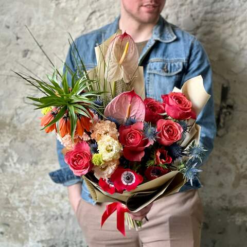 Photo of Passionate bouquet with anthurium and egyngium «Ardent secret»