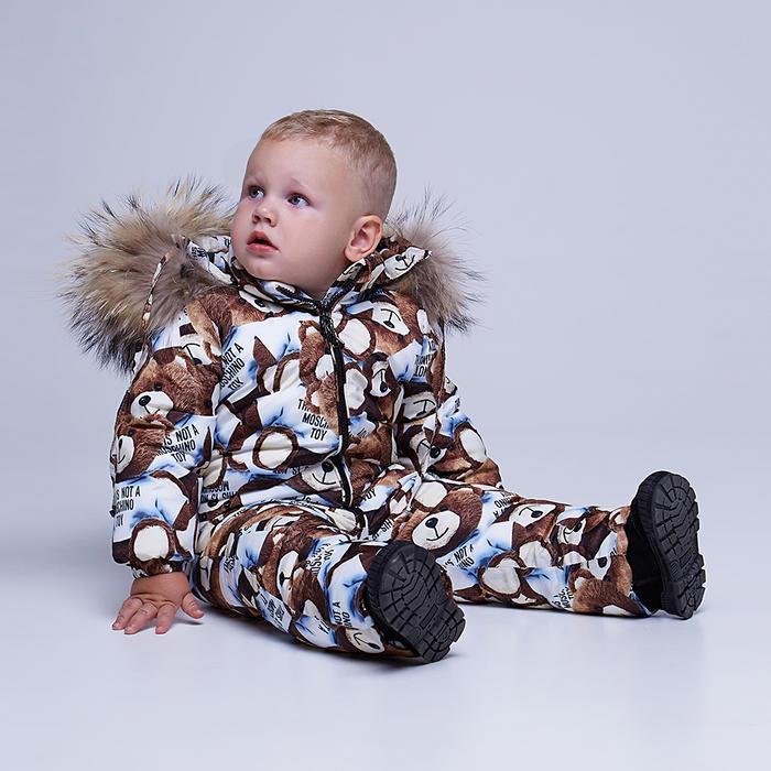 Дитячий зимовий комбінезон з принтом «Ведмедики» і опушкою з натурального хутра