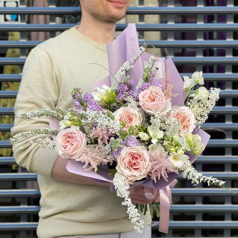 Bouquet «Lilac powder», Flowers: Pion-shaped rose, Matthiola, Astilbe, Lathyrus, Freesia, Spiraea