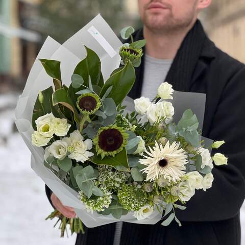 White and green bouquet with ranunculi and sunflowers «Snowy for Anna», Flowers: Ranunculus, Helianthus, Gerbera, Magnolia, Eustoma, Eucalyptus, Brunia
