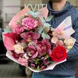 Photo of Bright bouquet with cymbidiums and peony roses «Raspberry velvet»