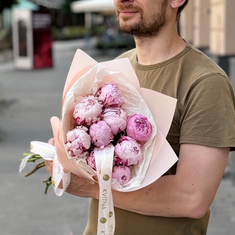 Bouquet of 9 soft pink peonies «Fluffy Petals», Flowers: Paeonia, 9 pcs.