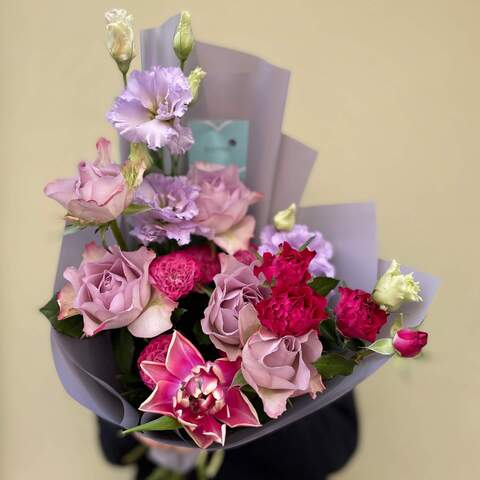 Bouquet «Lilac Eyes», Flowers: Rose, Bush Rose, Eustoma, Tulipa