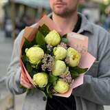 Photo of Delicate bouquet of peonies and ozothamnus «Lemon sorbet»