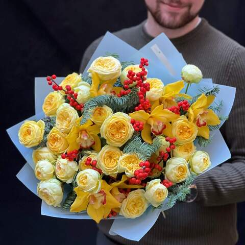 Bouquet «Sunny Catherine», Flowers: Peony Spray Rose, Ilex, Cymbidium, Nobilis