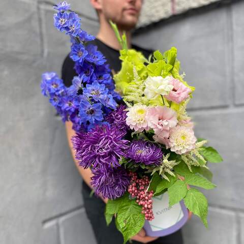 Box with flowers «Bilberry-Lime mix», Flowers: Delphinium, Eustoma, Dahlia, Gladiolus, Aster