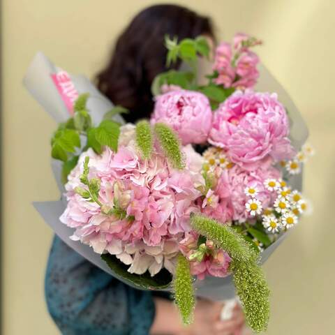 Bouquet «In search of a Miracle», Flowers: Paeonia, Hydrangea, Setaria, Tanacetum, Antirinum