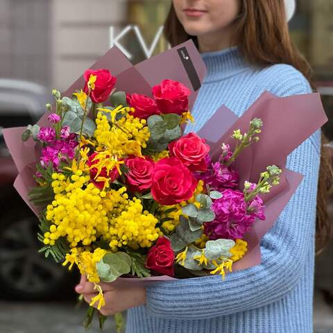 Bright bouquet with a sunny mood «Congratulations to You!», Flowers: Mimosa, Forsythia, Rose, Matthiola, Eucalyptus