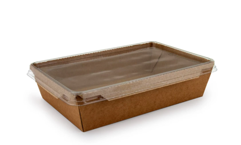 Бумажный контейнер прямоугольный крафт + крышка плоская прозрачная PET (150х100х45 мм, 750 мл)
