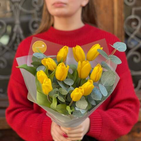 Photo of Sunny bouquet with tulips and eucalyptus «Lemon & Mint»