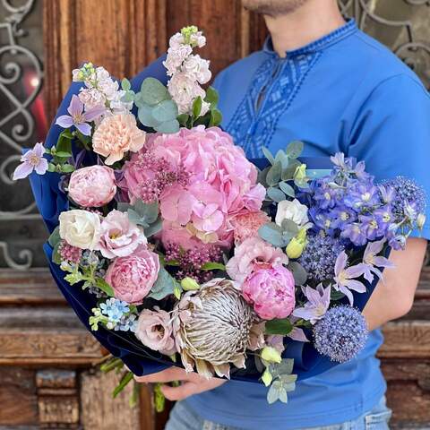 Pastel bouquet with hydrangea and protea «June Garden», Flowers: Anigosanthus, Hydrangea, Oxypetalum, Paeonia, Protea, Eustoma, Allium, Dianthus, Clematis, Matthiola, Delphinium