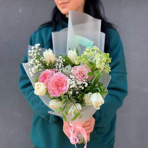 Bouquet «Spring Tenderness», Flowers: Pion-shaped rose, Rose, Syringa, Pittosporum, Gypsophila, Tulipa