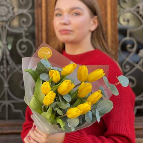 Photo of Sunny bouquet with tulips and eucalyptus «Lemon & Mint»