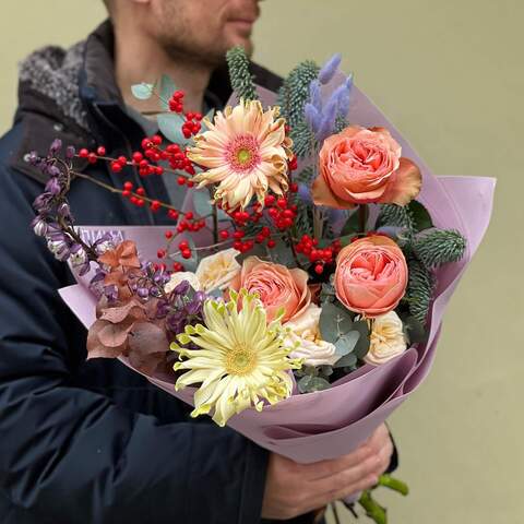 Bouquet «Memories of Love», Flowers: Ilex, Delphinium, Eucalyptus, Lagurus, Pion-shaped rose, Gerbera