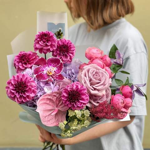 Bouquet «Purple happiness», Flowers: Phalaenopsis, Dahlia, Hydrangea, Bush Rose, Anthurium, Astilbe, Astrantia, Rose