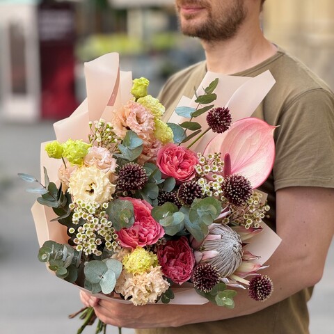 Interesting bouquet with protea and peony roses «Plum Cake», Flowers: Anthurium, Eustoma, Allium, Eucalyptus, Pion-shaped rose, Protea, Chamelaucium