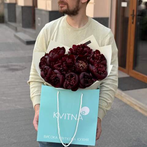 Photo of Bouquet of 11 rich burgundy peonies «Cherry in chocolate»