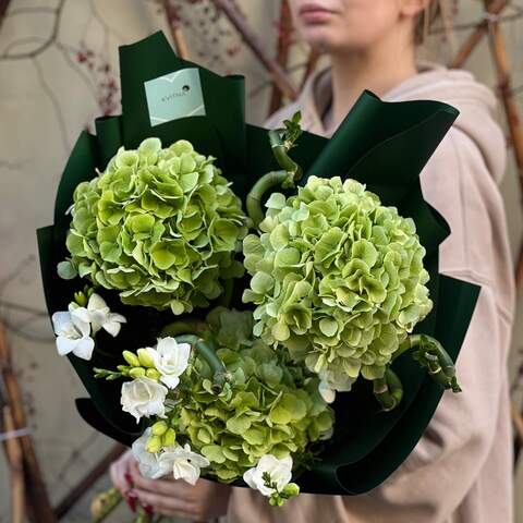 Exquisite green bouquet «Japanese Dream», Flowers: Hydrangea, Freesia, Bamboo