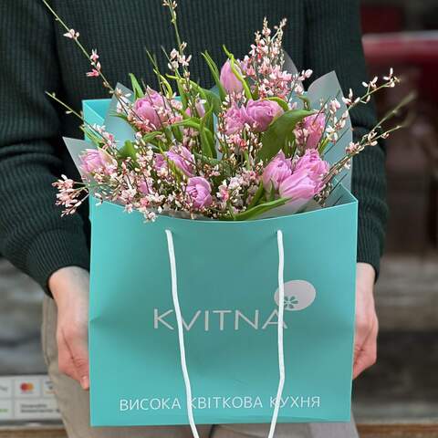 Photo of Bouquet of peony rulips and pink genista «Spring compliment»