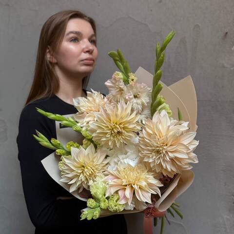 Light fluffy bouquet of Café au Lait dahlias «Delicate Lace», Flowers: Gladiolus, Dahlia of Cafe Au Lait variety, Eucalyptus, Hydrangea