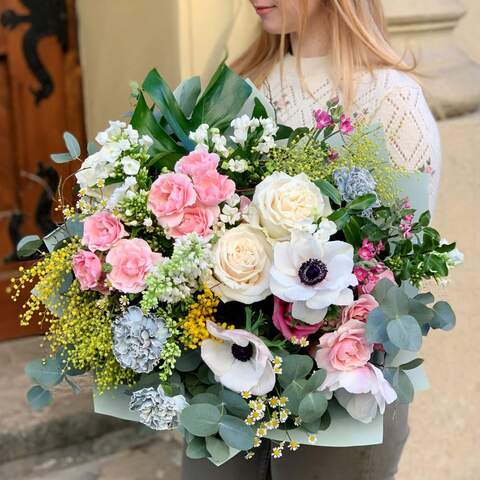 Bouquet «Queen of Spring», Flowers: Pion-shaped rose, Rose, Anemone, Mimosa, Oxypetalum, Bouvardia, Tanacetum, Eucalyptus, Monstera, Syringa