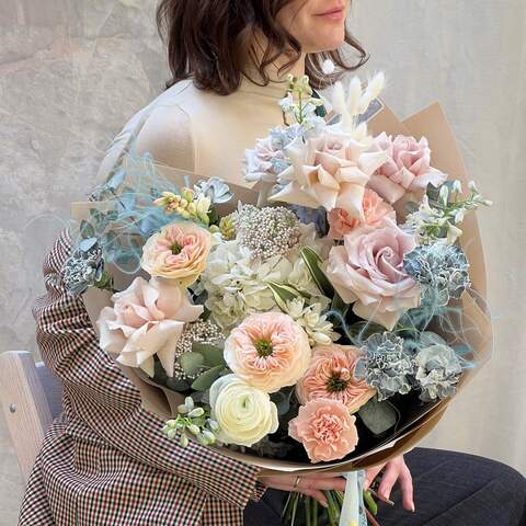 Bouquet «Romantic Pekarska», Flowers: Pion-shaped rose, Delphinium, Dianthus, Tuberosa, Eucalyptus, Rose, Stipa, Hydrangea, Ranunculus, Ozothamnus, Lagurus
