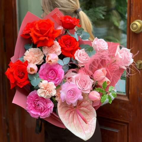 Bouquet «Vibrations of Love», Flowers: Rose, Ranunculus, Anthurium, Stipa, Dianthus, Tulipa, Eucalyptus