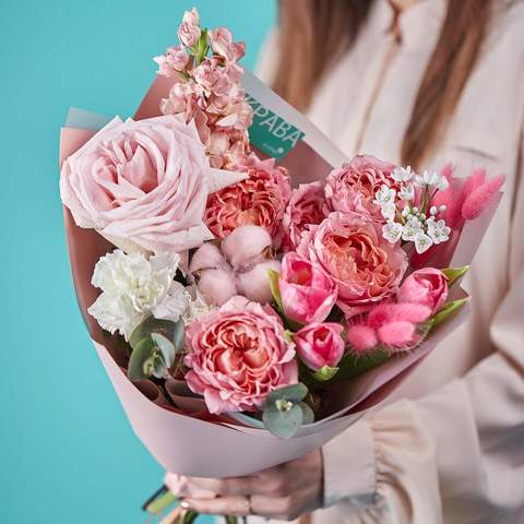 Bouquet «Romantic Valentine», Flowers: Pion-shaped rose, Tulipa, Gossypium, Matthiola, Dianthus, Lagurus, Eucalyptus
