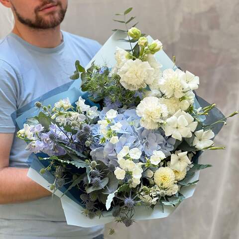 Bouquet «Azure Kingdom», Flowers: Hydrangea, Dianthus, Eryngium, Delphinium, Dahlia, Nigella