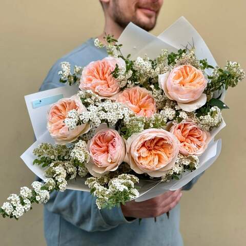 Delicate bouquet with Juliet peony roses «Peach souffle», Flowers: Pion-shaped rose - 7 pcs., Spiraea