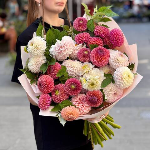 31 dahlias in a bouquet «Bright Polonyna», Flowers: Dahlia, 31 pcs.