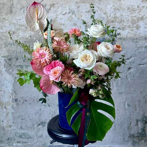 Exotic bouquet with anthuriums and peony roses «Pearls of Poseidon», Flowers: Gerbera, Spiraea, Narcissus, Anthurium, Helleborus, Pion-shaped rose, Ranunculus