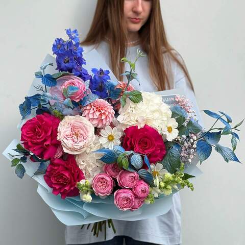 Bouquet «Flower Paradise», Flowers: Pion-shaped rose, Hydrangea, Anthurium, Dahlia, Cosmos, Antirinum, Delphinium, Gypsophila