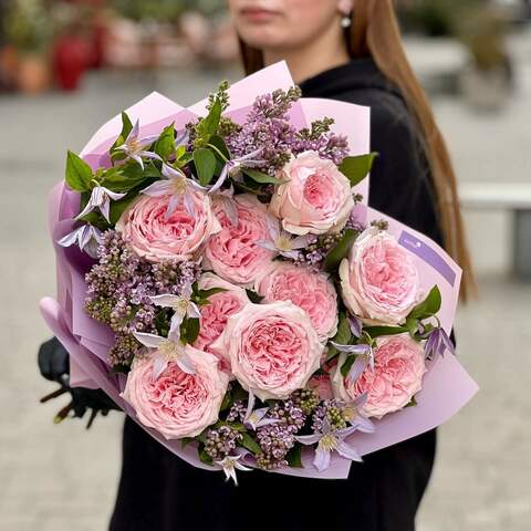 Exquisite bouquet with Princess Hitomi peony roses «Fairytale dreams», Flowers: Syringa, Clematis, Pion-shaped rose