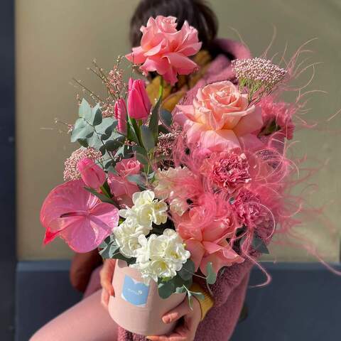 Box with flowers «Generous Svetlana», Flowers: Rose, Anthurium, Freesia, Ozothamnus, Dianthus, Eucalyptus, Tulipa