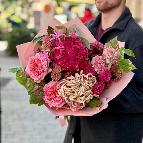 Bouquet «Pink autumn», Flowers: Pion-shaped rose, Chrysanthemum, Hydrangea, Celosia, Nerine, Leucadendron, Dahlia, Rubus Idaeus