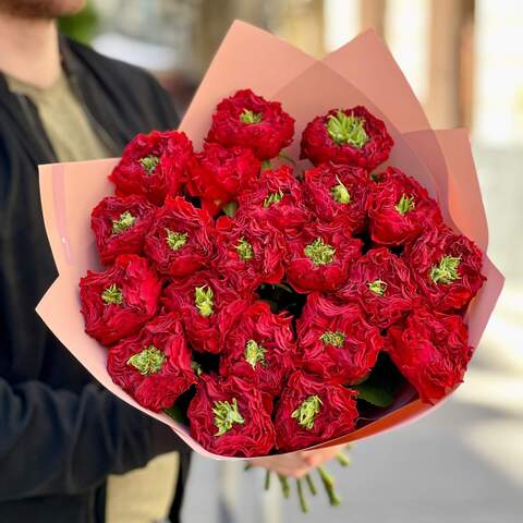 21 peony roses of Red Eye variety in a bouquet «Passionate Glance», Flowers: Pion-shaped rose of Red Eye variety, 21 pcs.