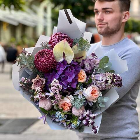 Bouquet «Amethyst charms», Flowers: Anthurium, Pion-shaped rose, Delphinium, Chrysanthemum, Clematis, Oxypetalum, Chamelaucium, Hydrangea