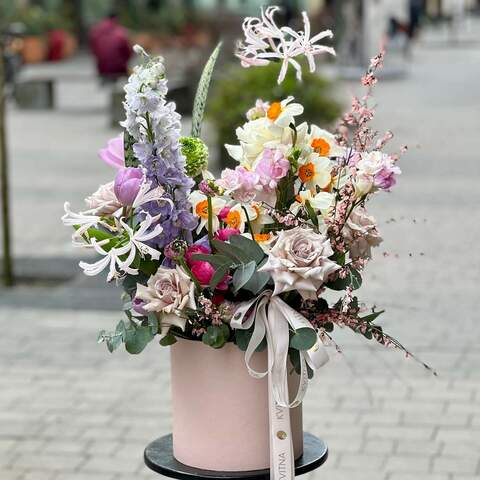 Exquisite composition with fragrant flowers «Spring Lviv», Flowers: Nerine, Genista, Rose, Eucalyptus, Delphinium, Freesia, Oxypetalum, Tulipa
