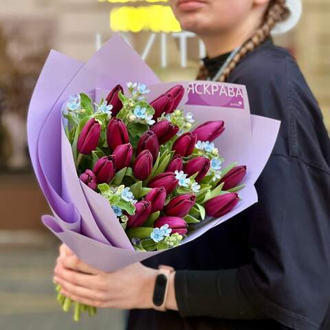 Rich bouquet with tulips and oxypetalum «Cornflower Eyes», Flowers: Tulipa, Oxypetalum