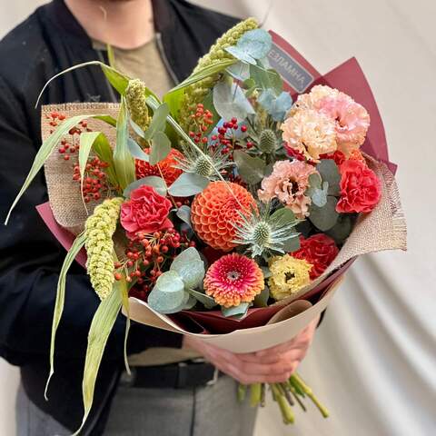 Colorful bouquet «Autumn Joy», Flowers: Eucalyptus, Eustoma, Rosa, Dahlia, Setaria, Eryngium, Dianthus