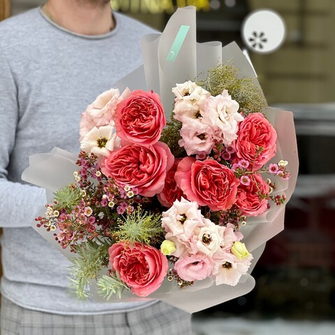 Photo of Delicate bouquet with peony roses and eustomas «Sweet girl»