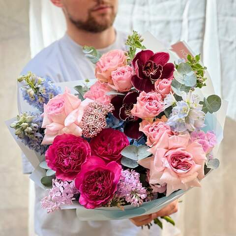 Bouquet «Charming Emilie», Flowers: Pion-shaped rose, Delphinium, Eucalyptus, Oxypetalum, Ozothamnus, Syringa, Phlox, Cymbidium, Hydrangea