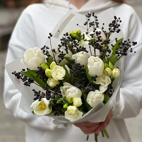 Delicate bouquet with a spring mood with tulips and freesia «Fragile Juliya», Flowers: Freesia, Tulipa