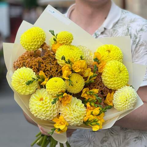 Bright fragrant bouquet «Sweet Sun», Flowers: Freesia, Dahlia, Celosia