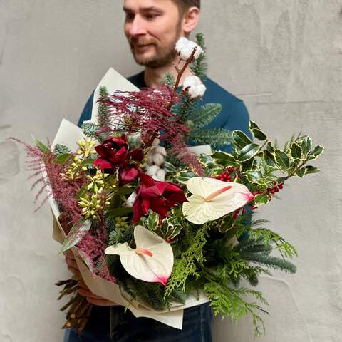 Winter bouquet with amaryllis and anthurium «Young Winter», Flowers: Nobilis, Gossypium, Eucalyptus, Hippeastrum, Asparagus, Anthurium, Thuja