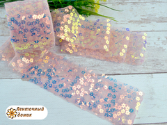 Лента-фатин с цветочными пайетками персик 6 см
